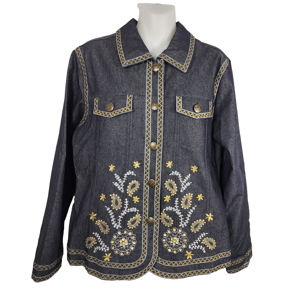 Analogy Womens Denim Jacket Large Embroidered Metallic Button Sequins Western